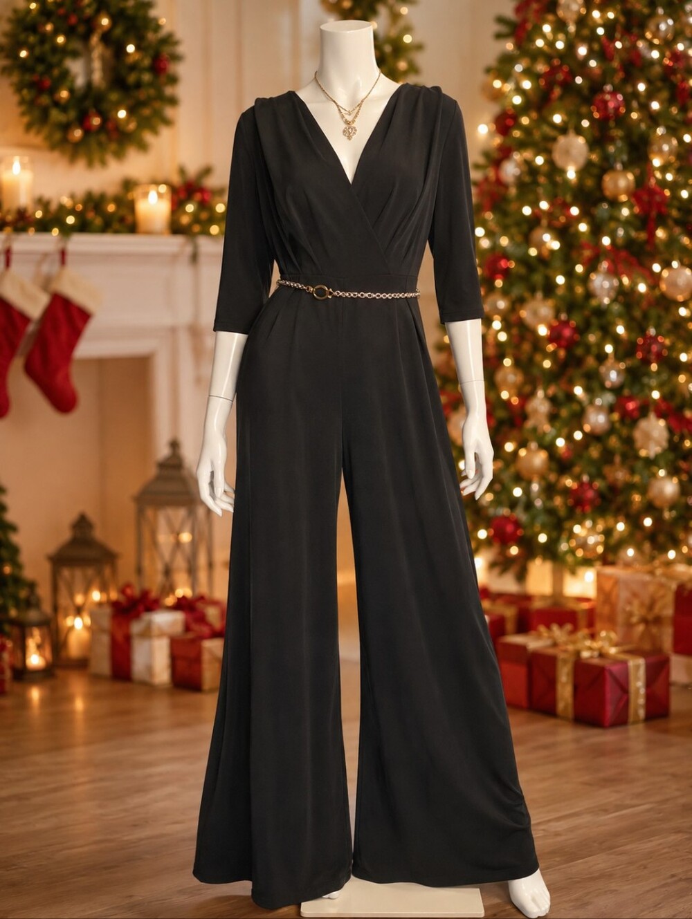 Lane Bryant Black Long Sleeve Wrap Jumpsuit with Chain Belt